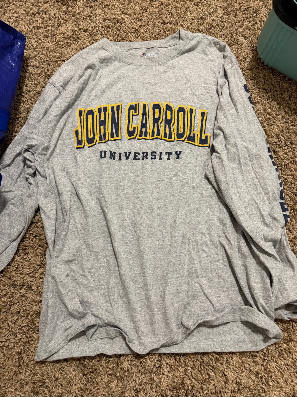 Champion Gray Long-Sleeve John Carroll University Tee with Navy and Gold Logo